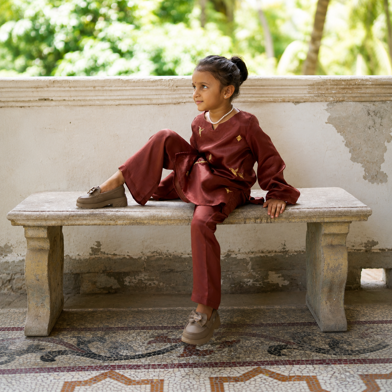Indian girl wearing the The Wanderer kurti pants set in Pure Silk, Coca Cola Brown — FunnyBones.in Mehfil '26 festive collection.