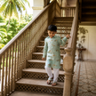 Boy wearing the The Mare and Stallion kurta pajama set in Pure Linen, Soft Sage Green — FunnyBones.in Mehfil '26 festive collection.