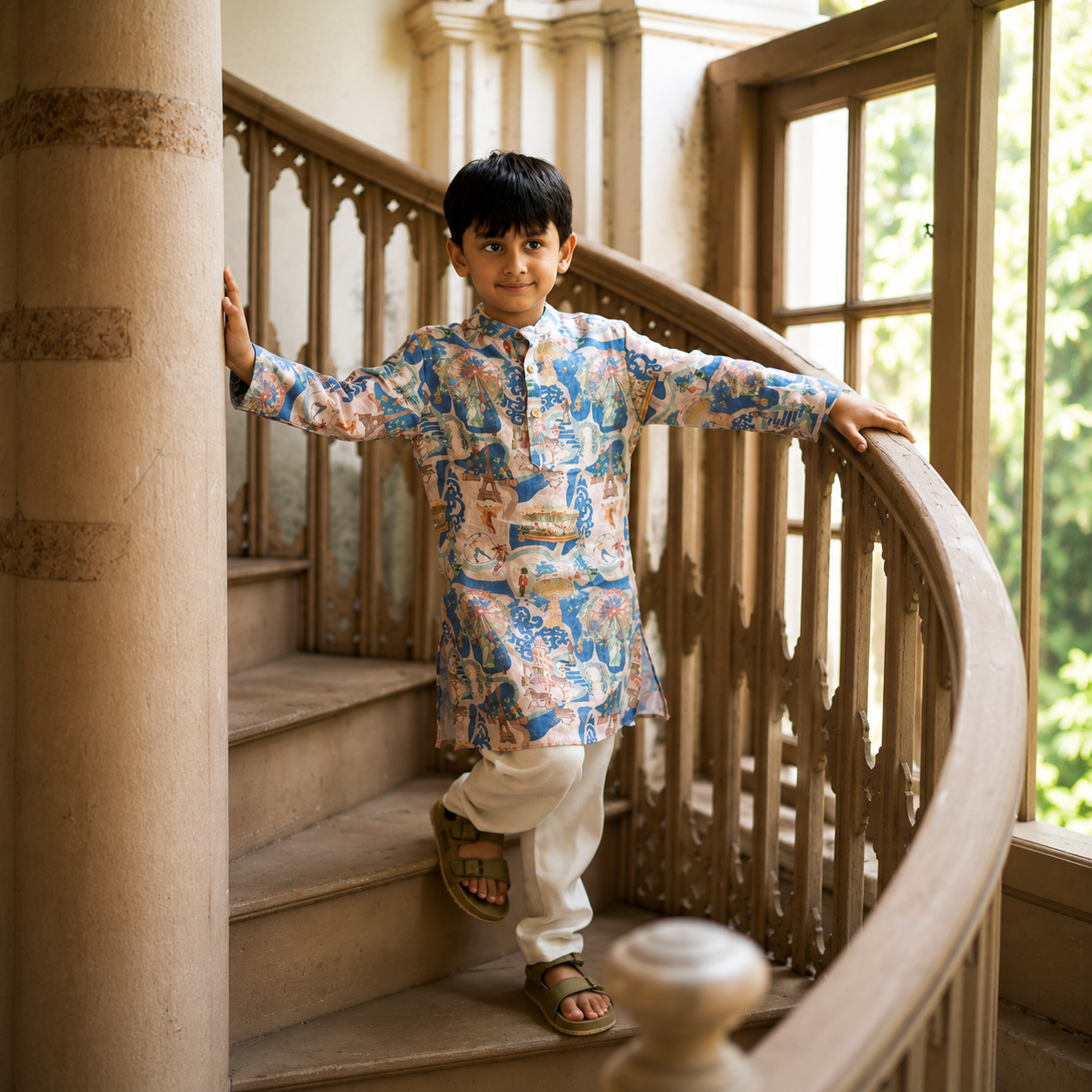 Indian boy wearing the The Voyager kurta pajama set in Pure Linen, Soft Blush — FunnyBones.in Mehfil '26 festive collection.