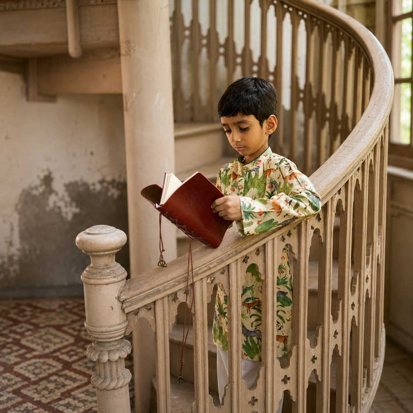 Indian boy wearing the The Naturalist kurta pajama set in Pure Muslin Silk, Warm Ivory — FunnyBones.in Mehfil '26 festive collection.