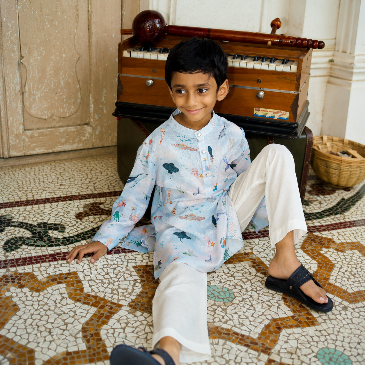 Indian boy wearing the Ocean Whisper kurta pajama set in Pure Muslin Silk, Sky Blue — FunnyBones.in Mehfil '26 festive collection.