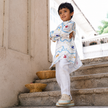 Indian boy wearing the Griffin pure linen printed kurta pajama set in Pure Linen, Ivory White — FunnyBones.in Mehfil '26 festive collection.