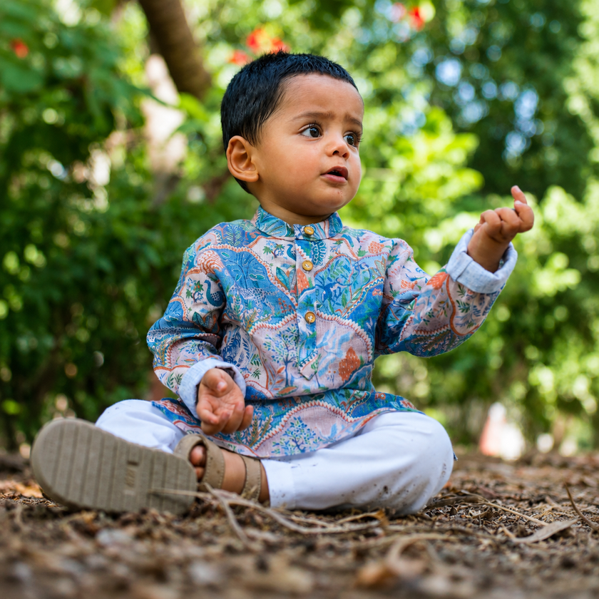 Indian boy wearing the The Entering Jungle pure linen kurta pajama set in Pure Linen, All-Over Jungle Print — FunnyBones.in Mehfil '26 festive collection.