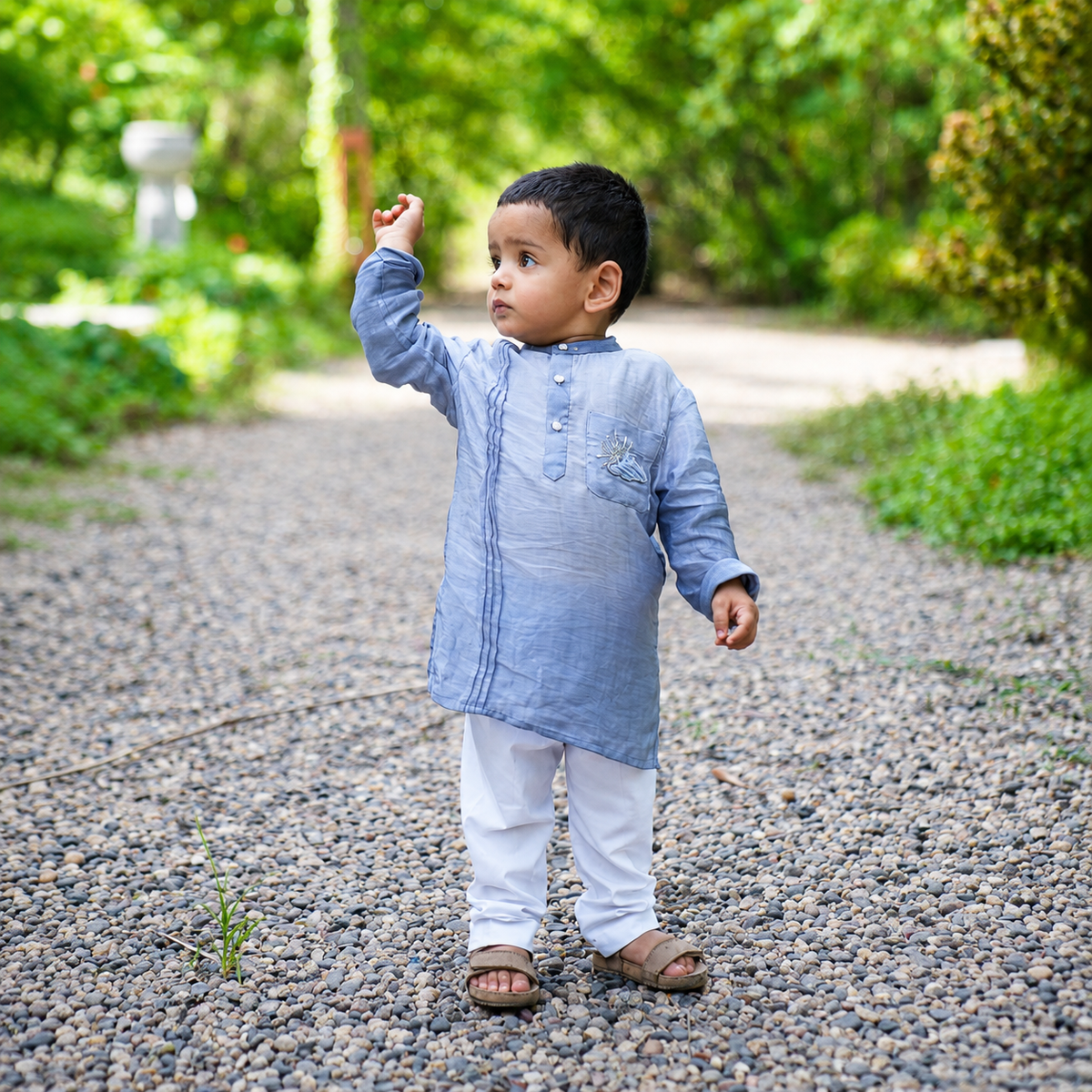 Indian boy wearing the Cloud Drift pure silk hand embroidered kurta pajama set in Pure Silk (Ombre Wash), Charcoal to Dove-Grey — FunnyBones.in Mehfil '26 festive collection.