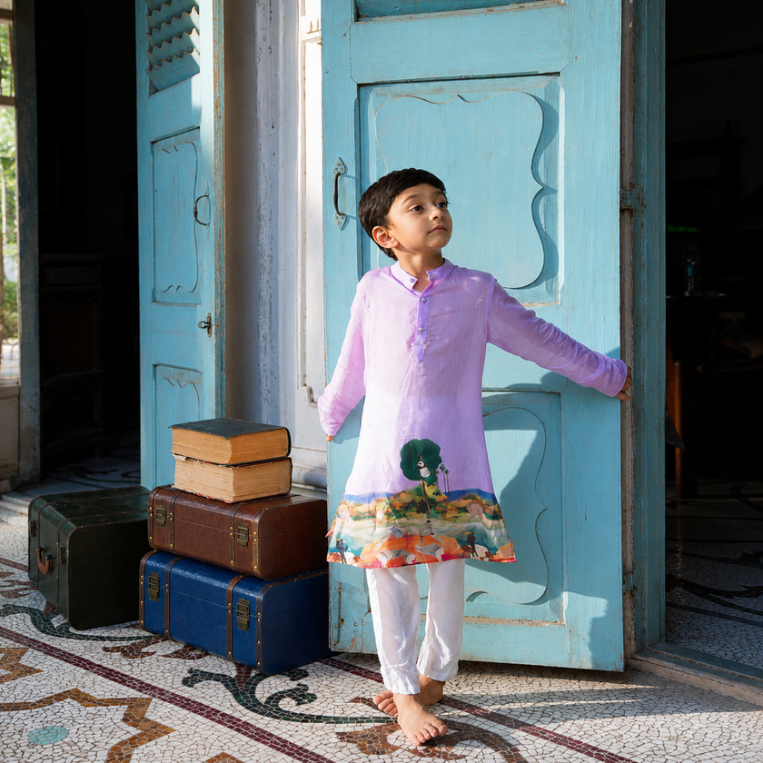 Indian boy wearing the Lavender Horizon kurta pajama set in Pure Muslin Silk (Extra Soft), Soft Lavender — FunnyBones.in Mehfil '26 festive collection.