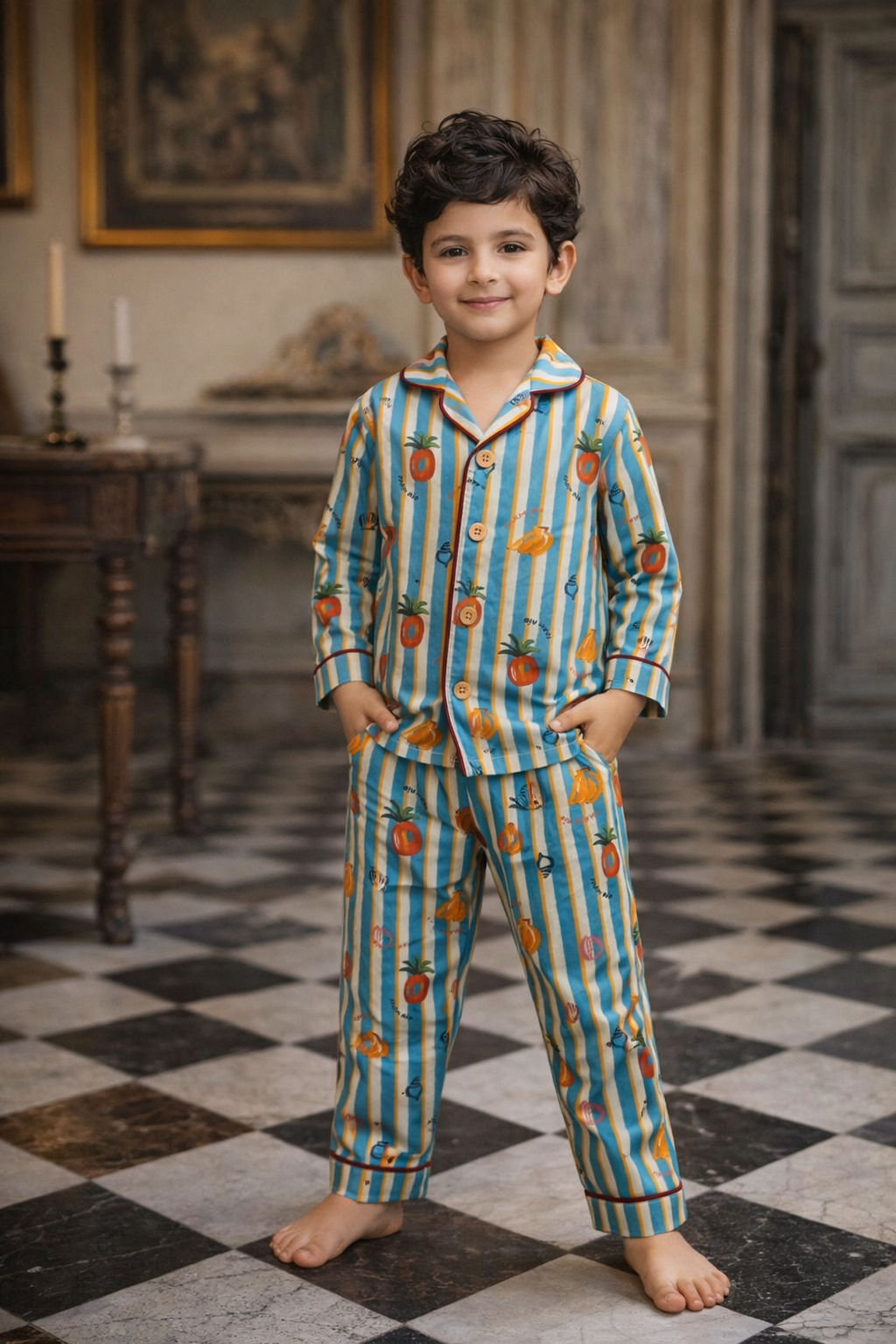Stripes and Citrus Premium Italian Cotton Night Suit