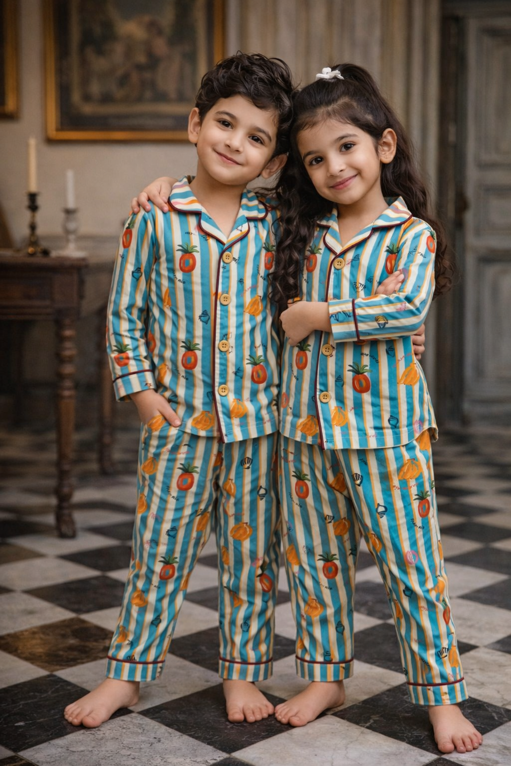 Stripes and Citrus Premium Italian Cotton Night Suit