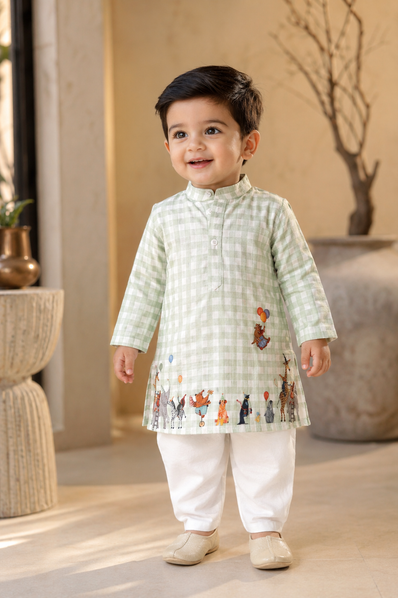 The Mint Green Checks Print Pure Bamboo Muslin Cotton Kurta Pajama Set
