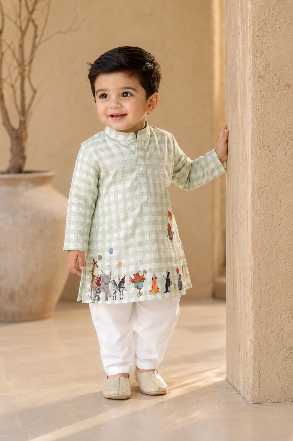 The Mint Green Checks Print Pure Bamboo Muslin Cotton Kurta Pajama Set