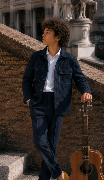 A person stands on outdoor stone steps beside a brick wall, wearing a dark navy Shacket and matching trousers over a white shirt, with a brown acoustic guitar resting beside them. Historic buildings and statues are visible in the background.