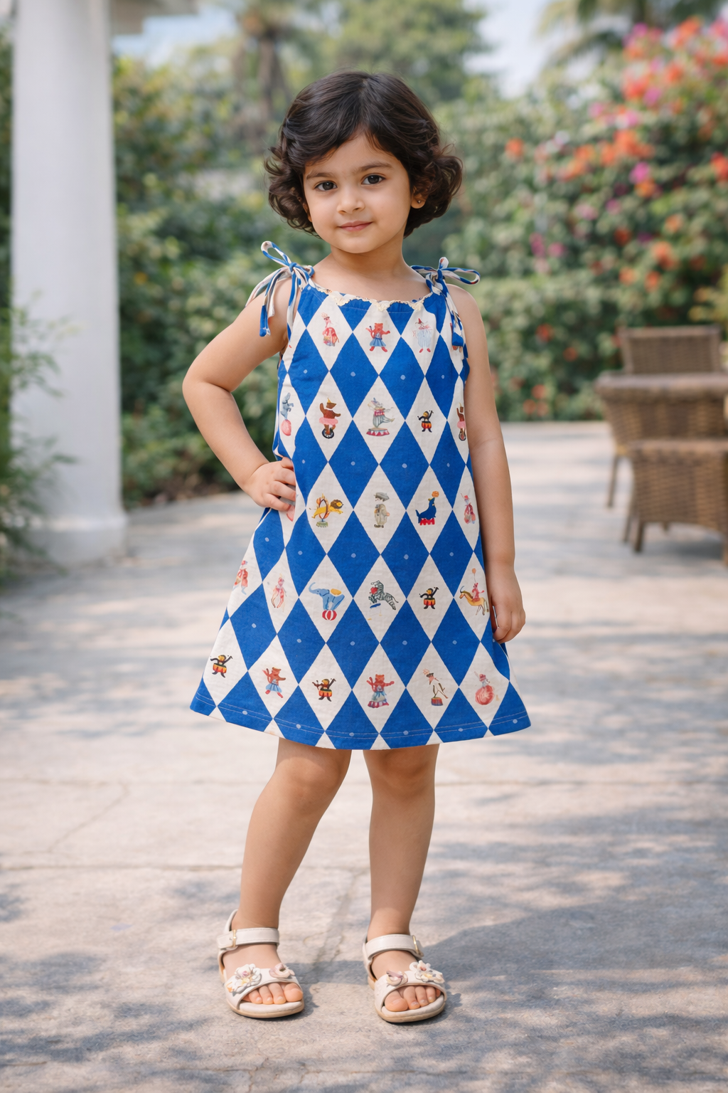 Vintage Circus Harlequin Print Premium Linen Dress
