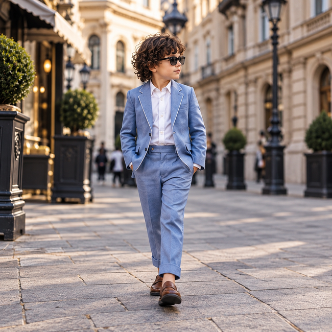 Cobalt Charm – Pure Linen Blazer, Shirt & Bow Set