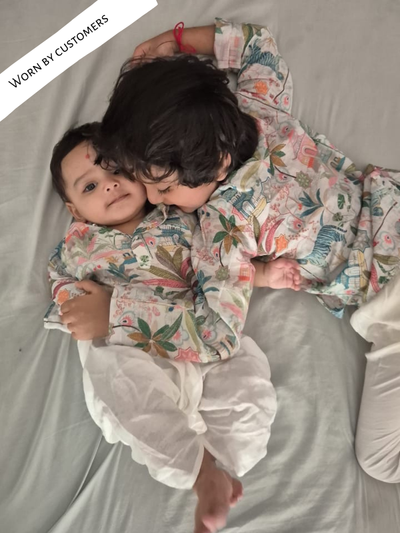 Tibetian Life Print Pure Muslin Silk Kurta Pajama Set