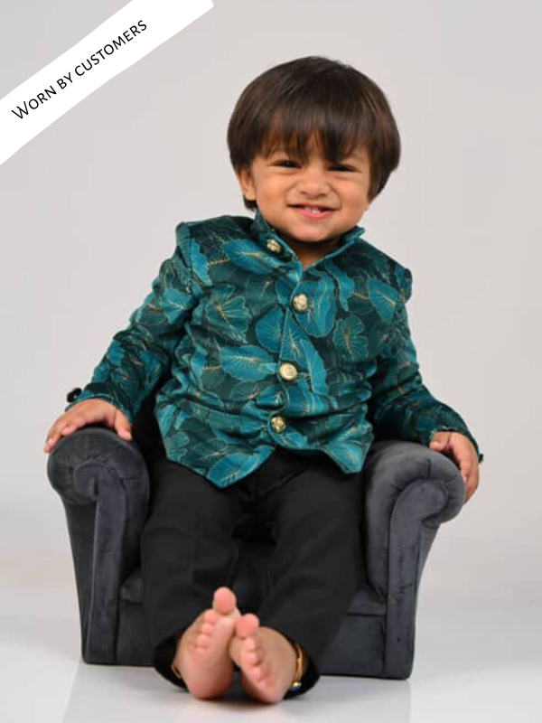 Green Leaves Printed Velvet Bandgala Blazer Set