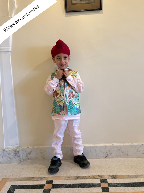 Monkey Print Satin Koti withPink Linen kurta Style Coord Pajama Set