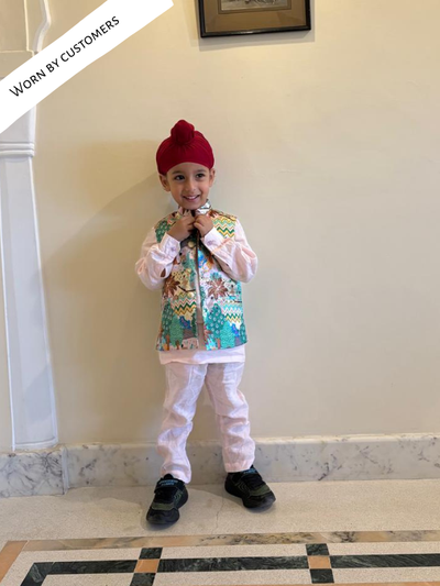 Monkey Print Satin Koti withPink Linen kurta Style Coord Pajama Set