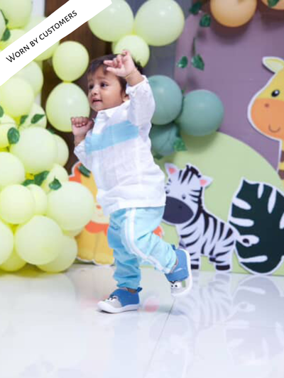 Striped Pure Linen  Premium Co-ords -  White - Sky Blue