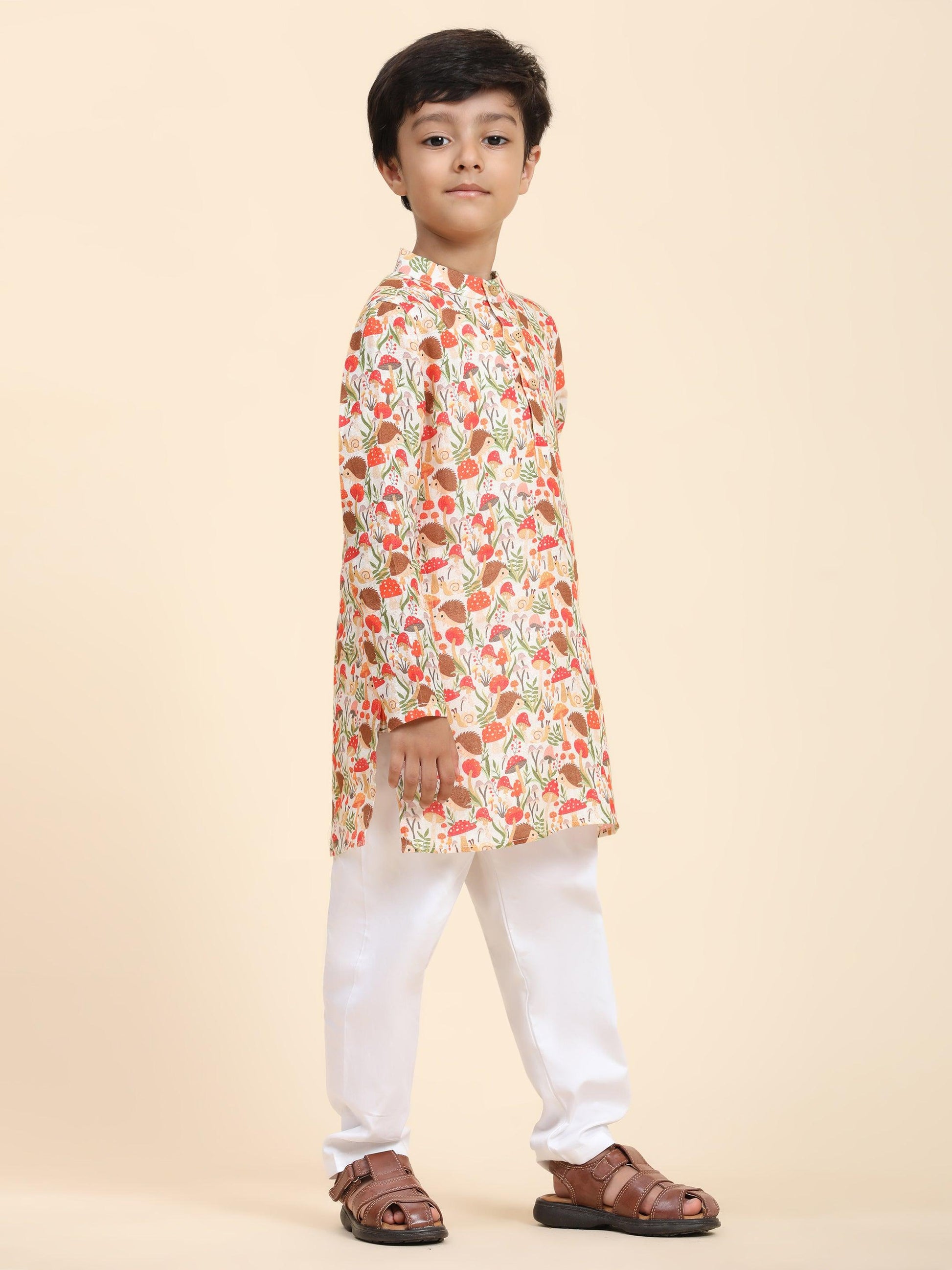 Mushroom Print Pure Linen Kurta and Premium Cotton Pajama Set - Funny Bones Clothings