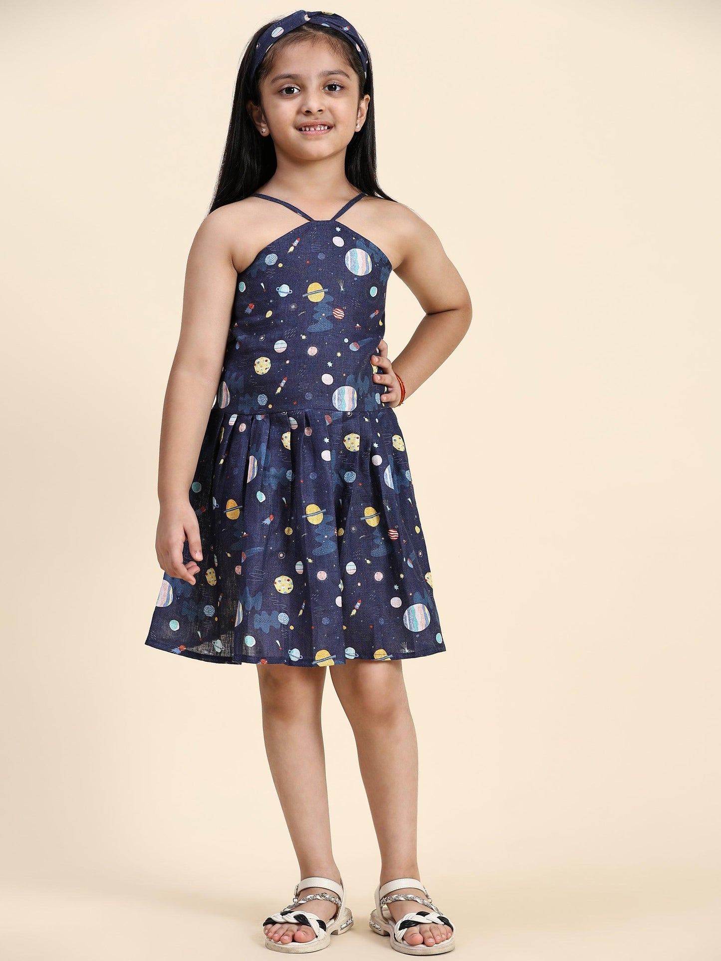TopSkirt Styled Planet Print Pure Linen Dress - Funny Bones Clothings