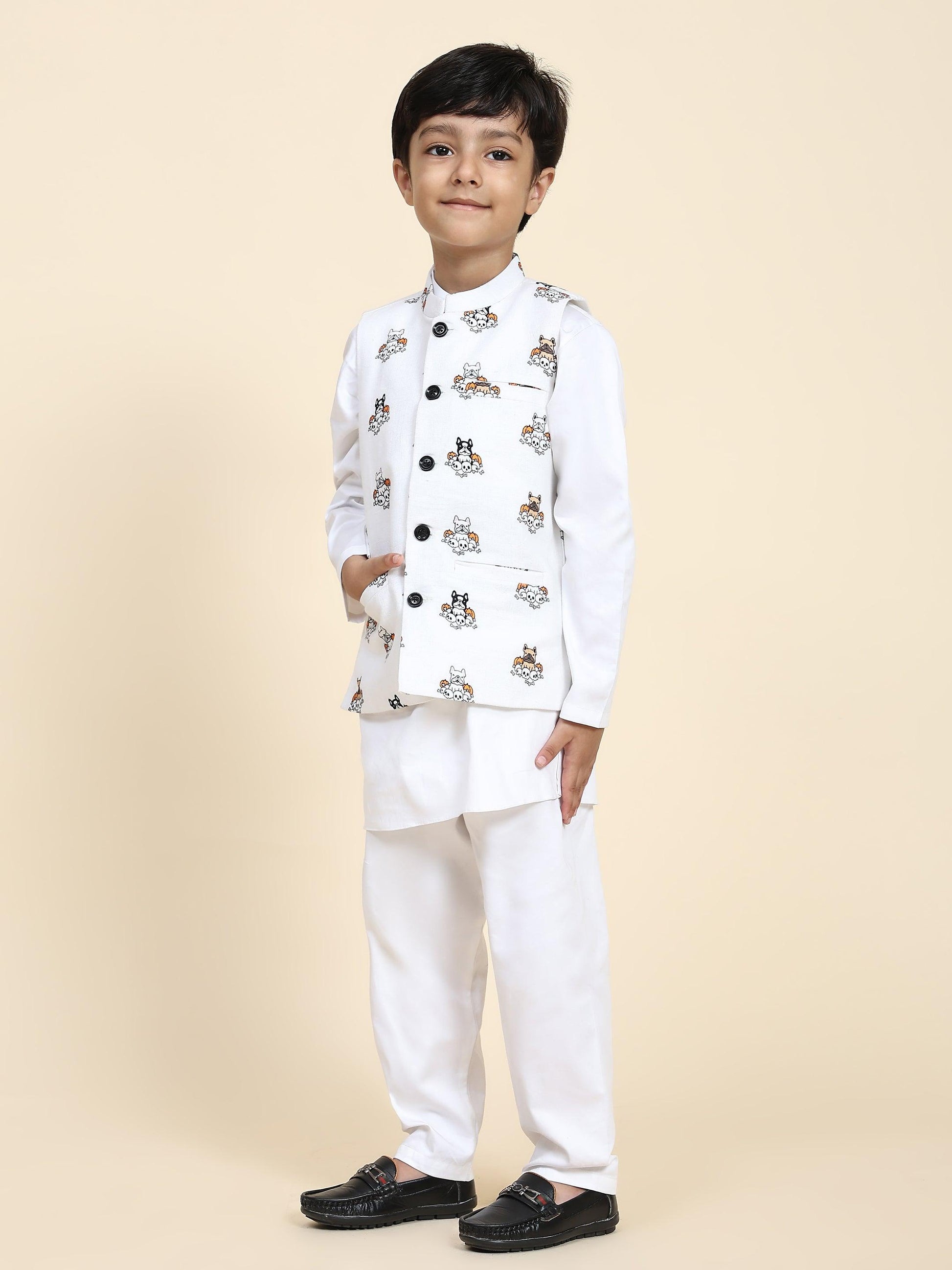 Dog Print Linen Koti with Pure Cotton White Kurta Pajama Set - Funny Bones Clothings