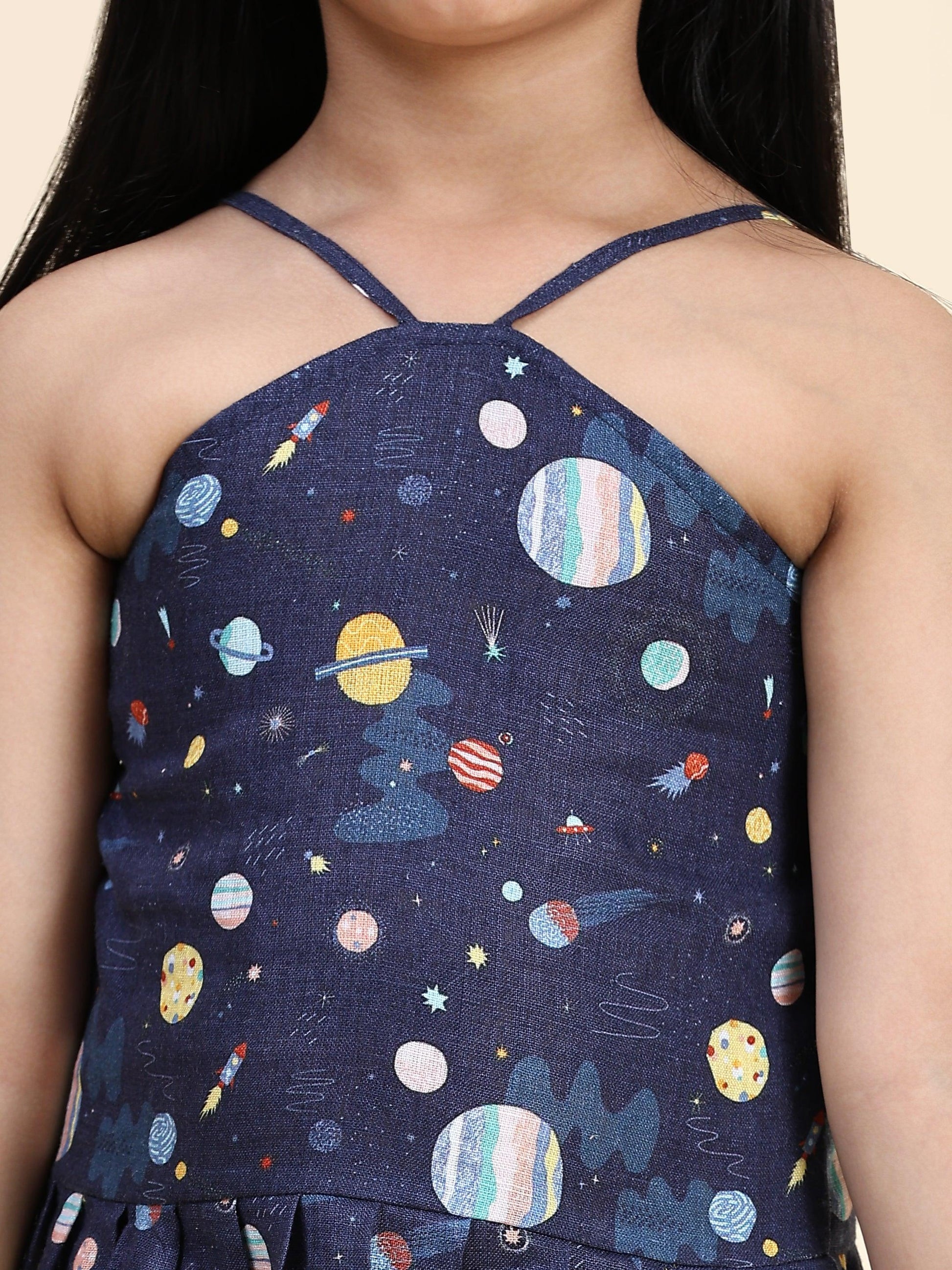 TopSkirt Styled Planet Print Pure Linen Dress - Funny Bones Clothings