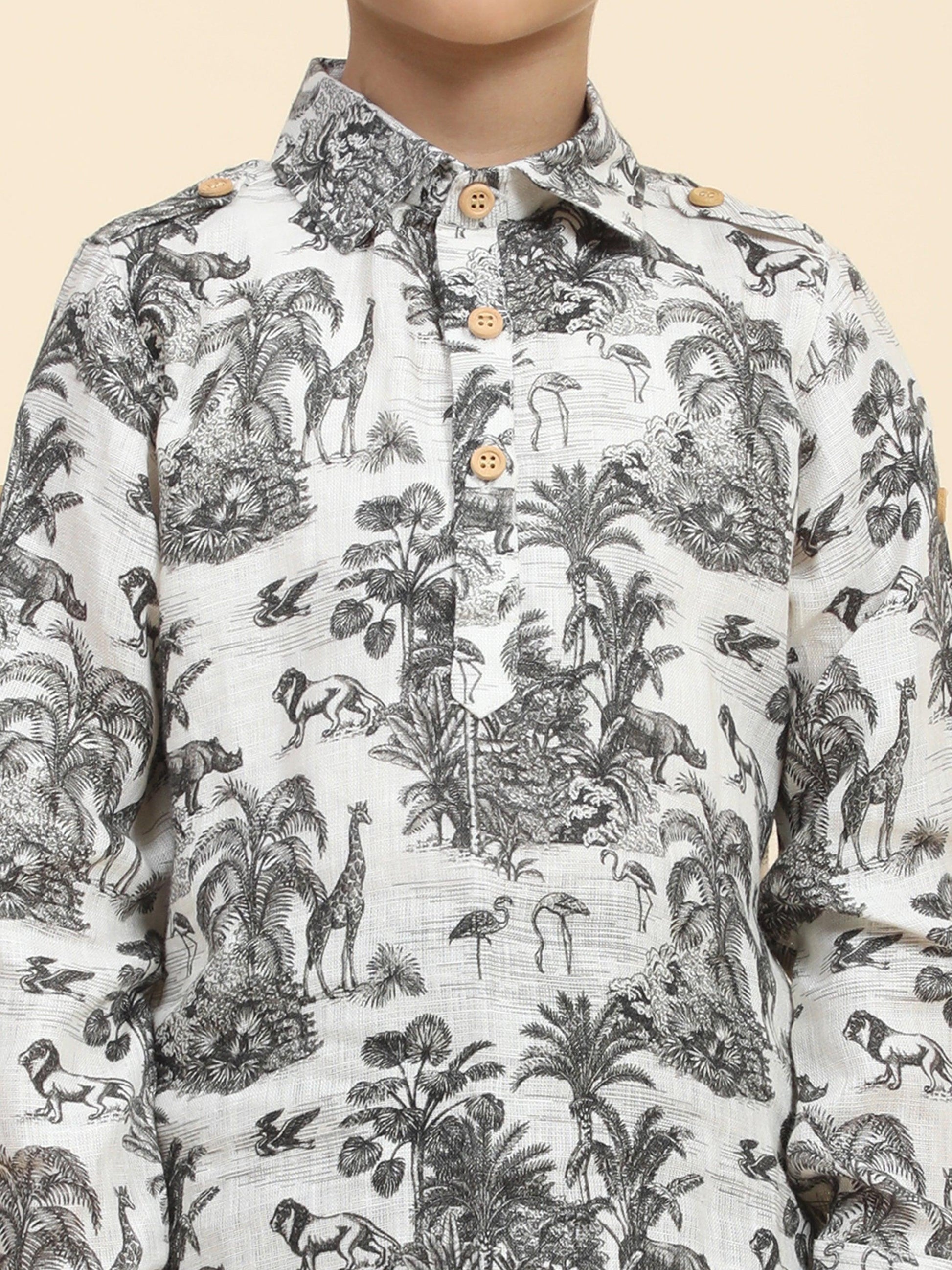 Wildlife Print Pure Linen Kurta and Premium Cotton Pajama Set - Funny Bones Clothings