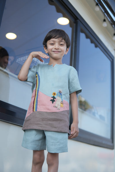 The Peony Cascade Applique Work Premium Linen Coord Set