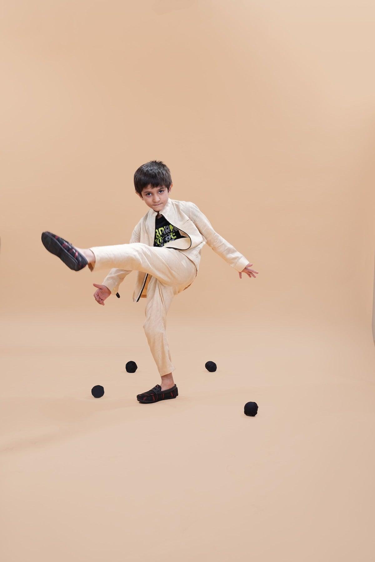 Jacket Pants Styled Pure Linen Co-ords (Beige Colour) - Funny Bones Clothings