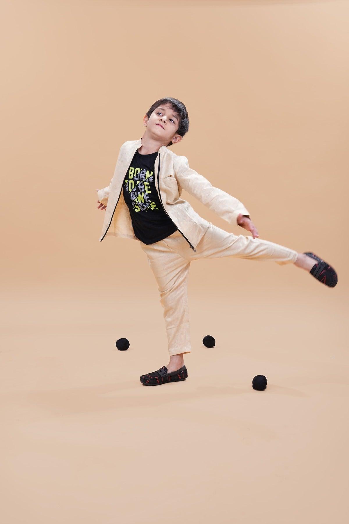 Jacket Pants Styled Pure Linen Co-ords (Beige Colour) - Funny Bones Clothings