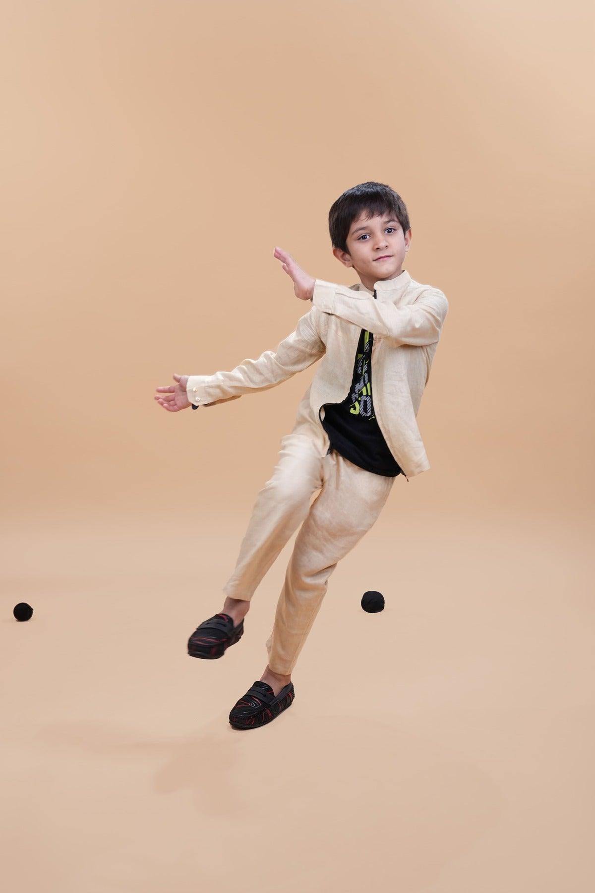 Jacket Pants Styled Pure Linen Co-ords (Beige Colour) - Funny Bones Clothings