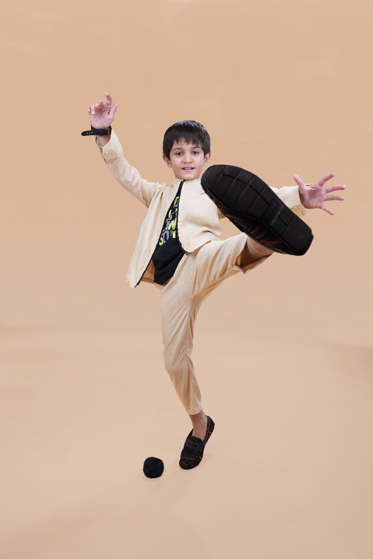 Jacket Pants Styled Pure Linen Co-ords (Beige Colour) - Funny Bones Clothings