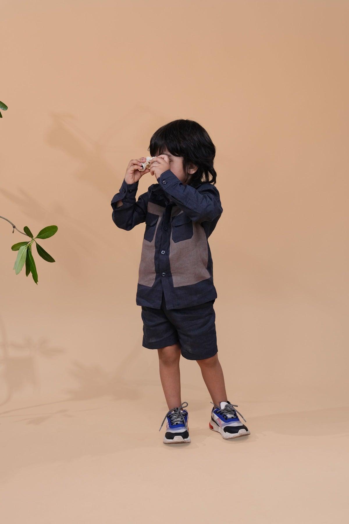 Designer Pocket Pure Linen Coord (Charcoal Grey brown Colour) - Funny Bones Clothings