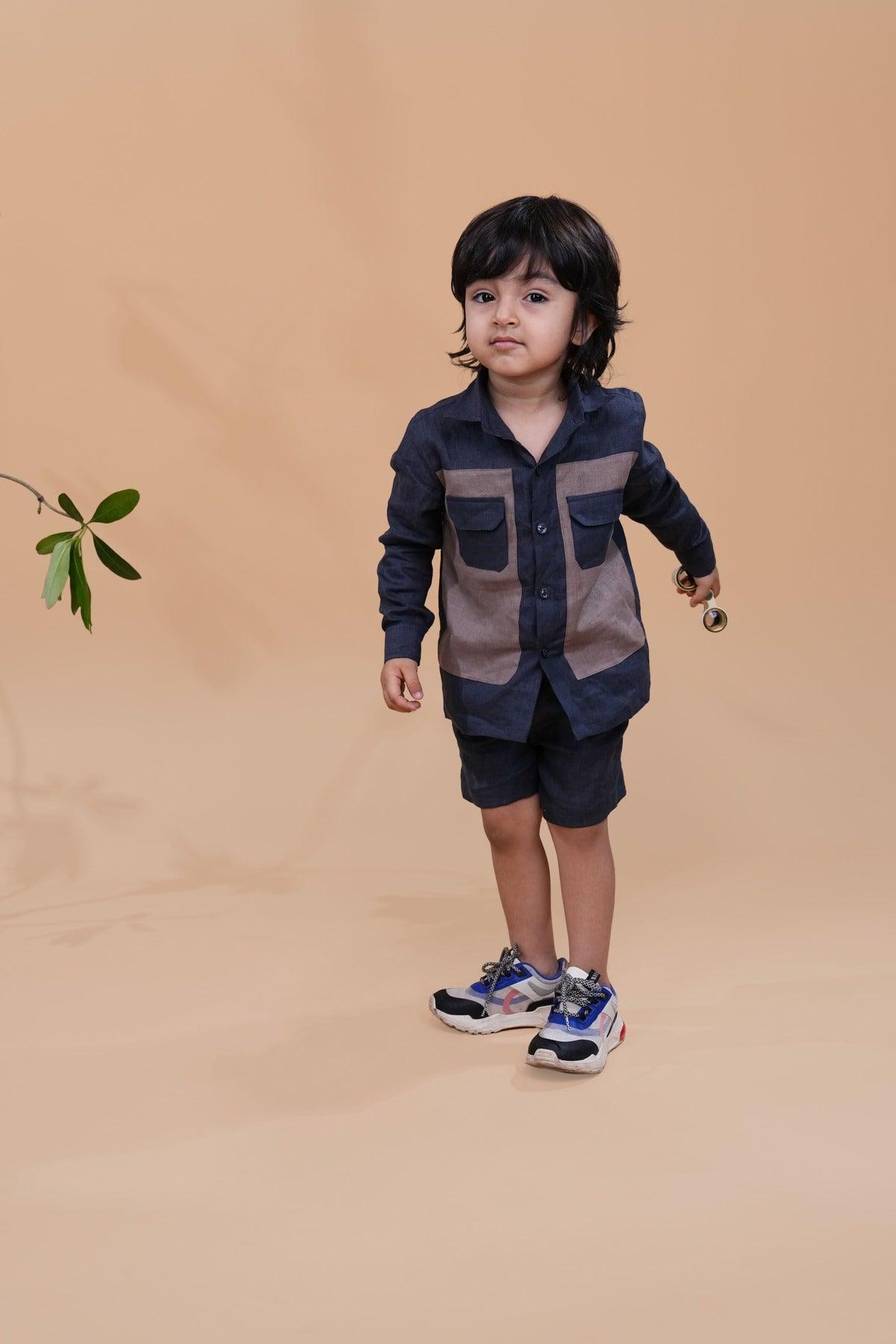 Designer Pocket Pure Linen Coord (Charcoal Grey brown Colour) - Funny Bones Clothings