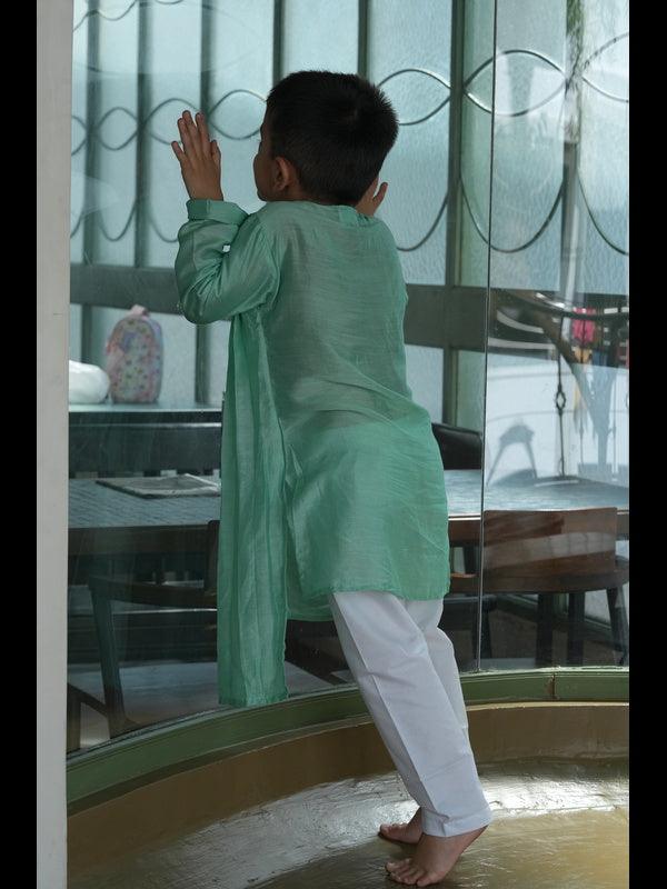 Designer Pleats Pure Muslin Silk Kurta Pyjama Set - Mint Green Color - Funny Bones Clothings
