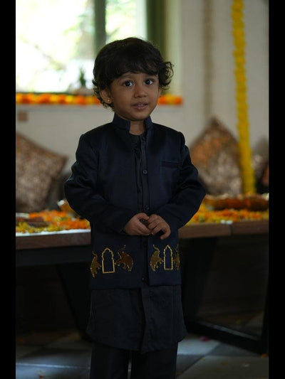 Royal Elephant Work Premium Satin Jodhpuri Open Jacket with Kurta Pajama Set Wine Color - Funny Bones Clothings