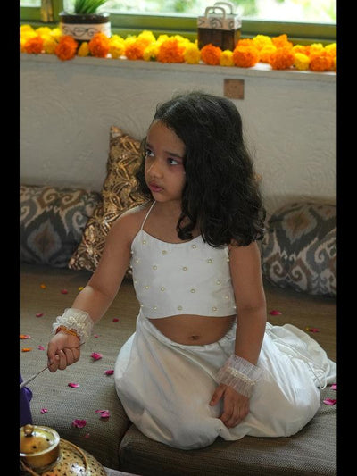 Pearls embedded Waterlife Handwork Pure Muslin Silk Top & Skirt Set - Off White Color - Funny Bones Clothings