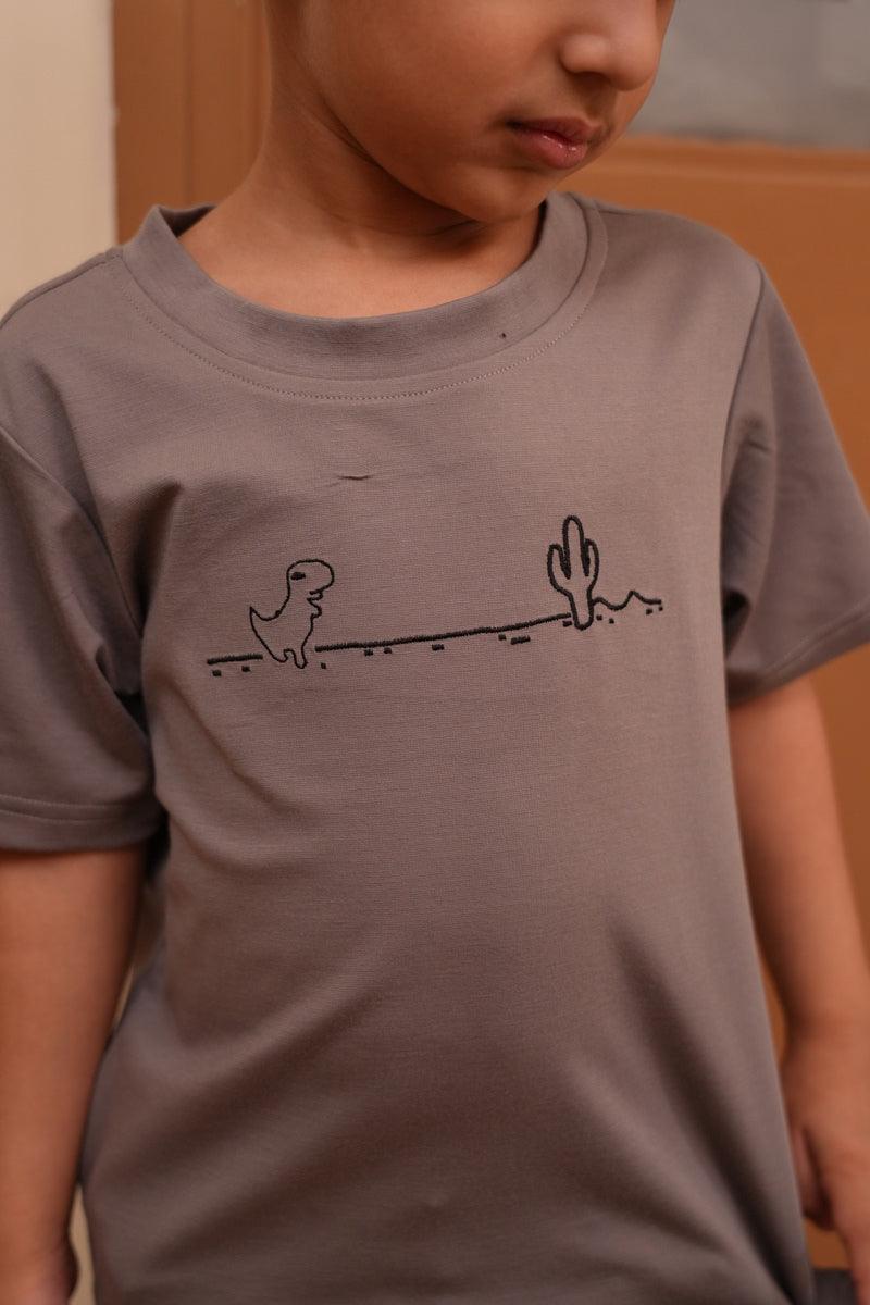 Tencel™ Fabric Dino Walking in Forest Themed Embroidered Half Sleeves T-Shirt