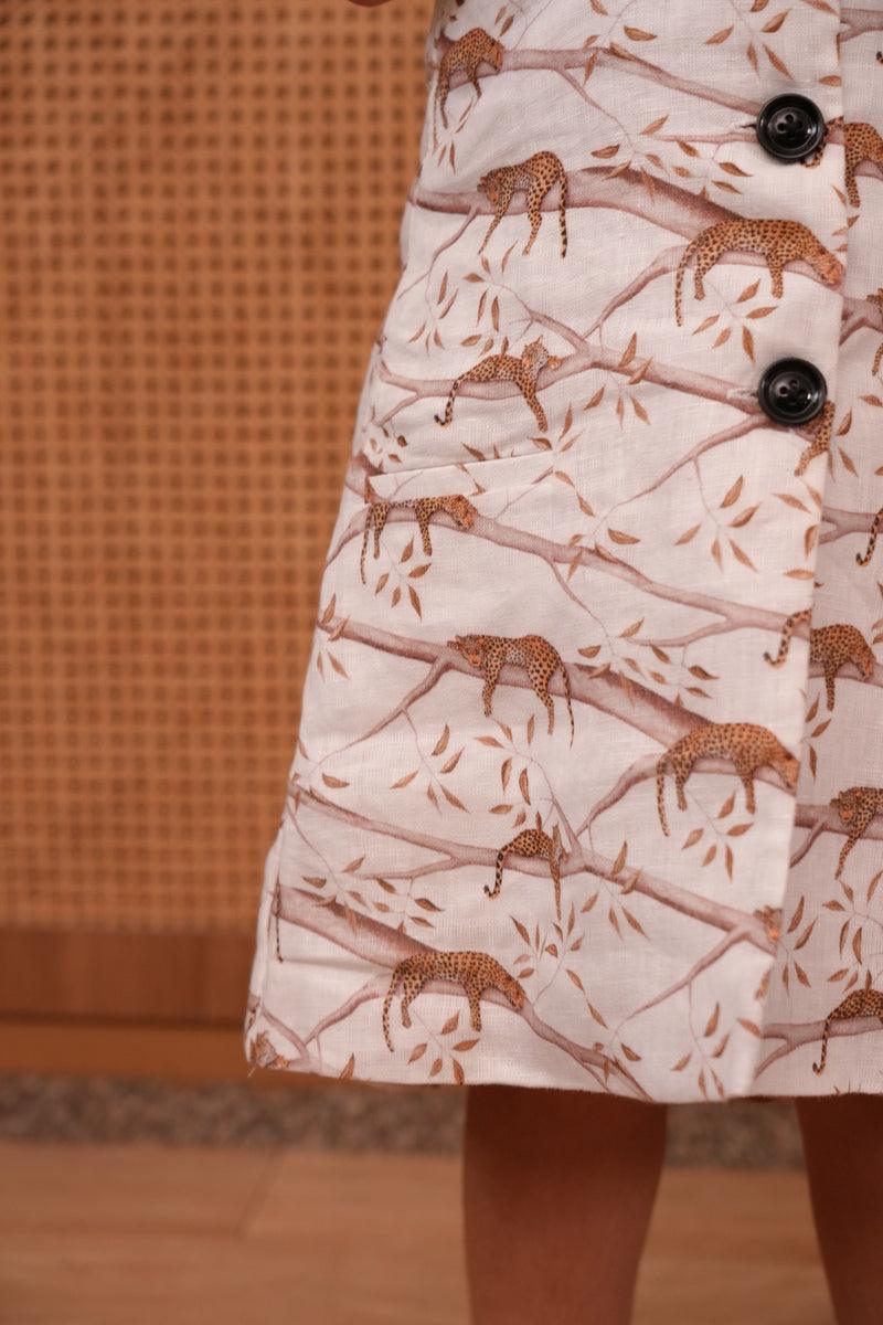 The Mystic Felines Printed Pure Linen BLazer Dress
