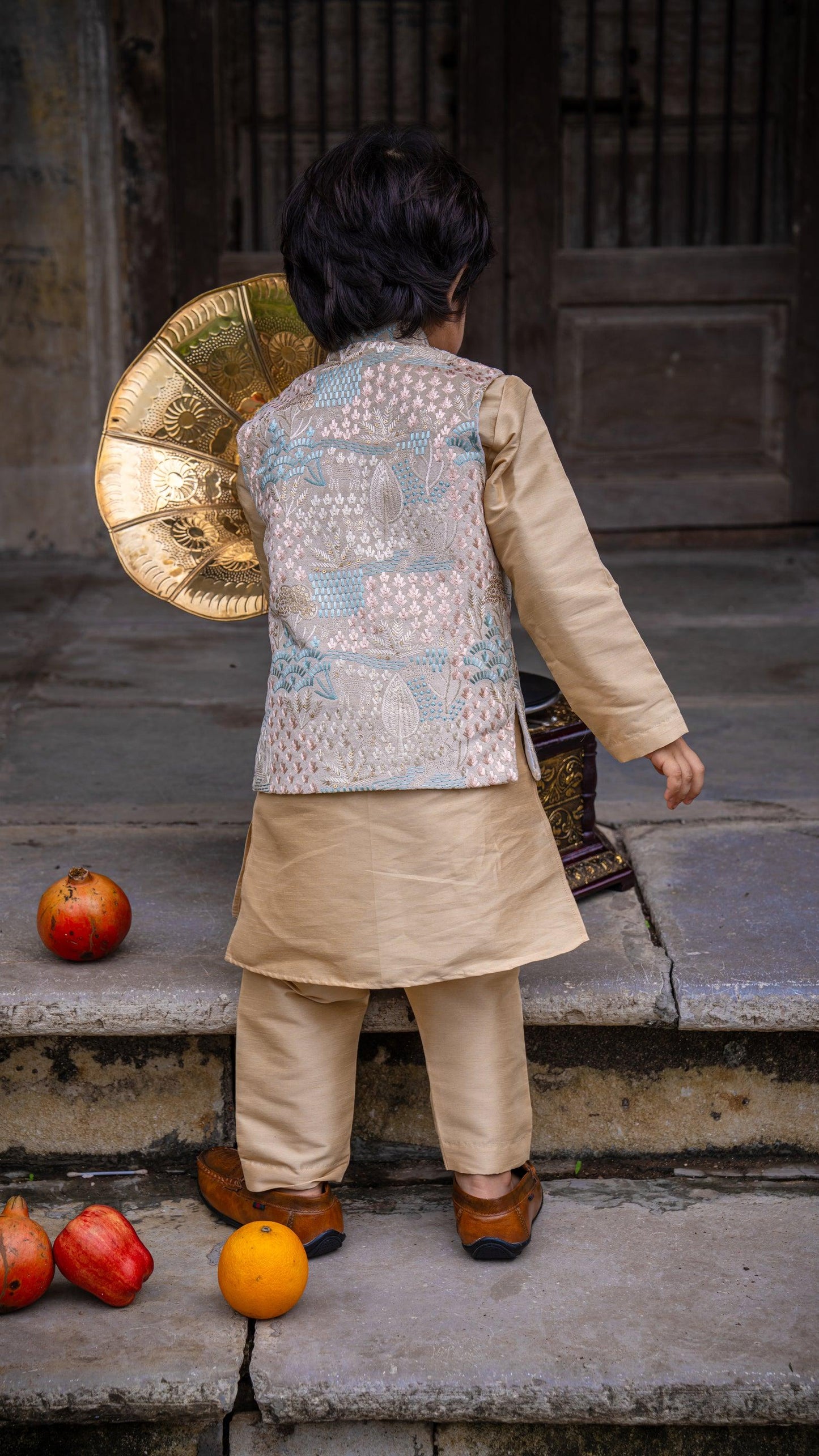 Deer Work Koti with Premium Silk Kurta Pajama Set - Funny Bones Clothings