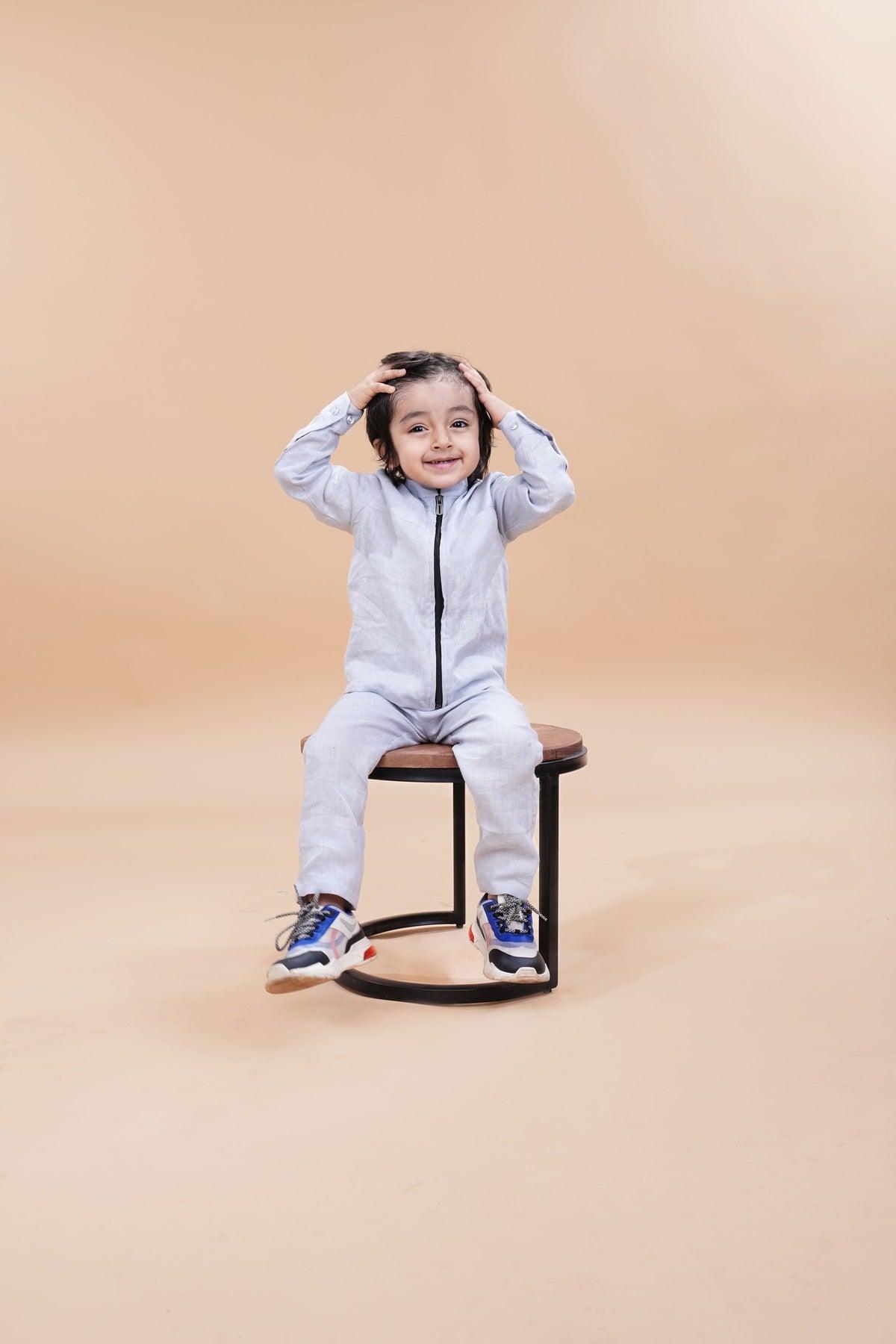 Jacket Pants Styled Pure Linen Co-ords (Steel Grey Colour) - Funny Bones Clothings