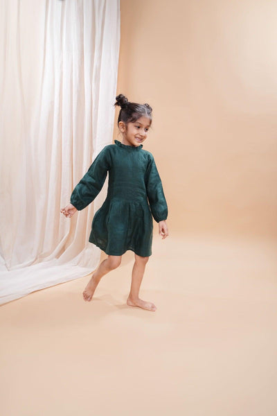 Bottle Green Pure Linen Full Sleeves Dress - Funny Bones Clothings