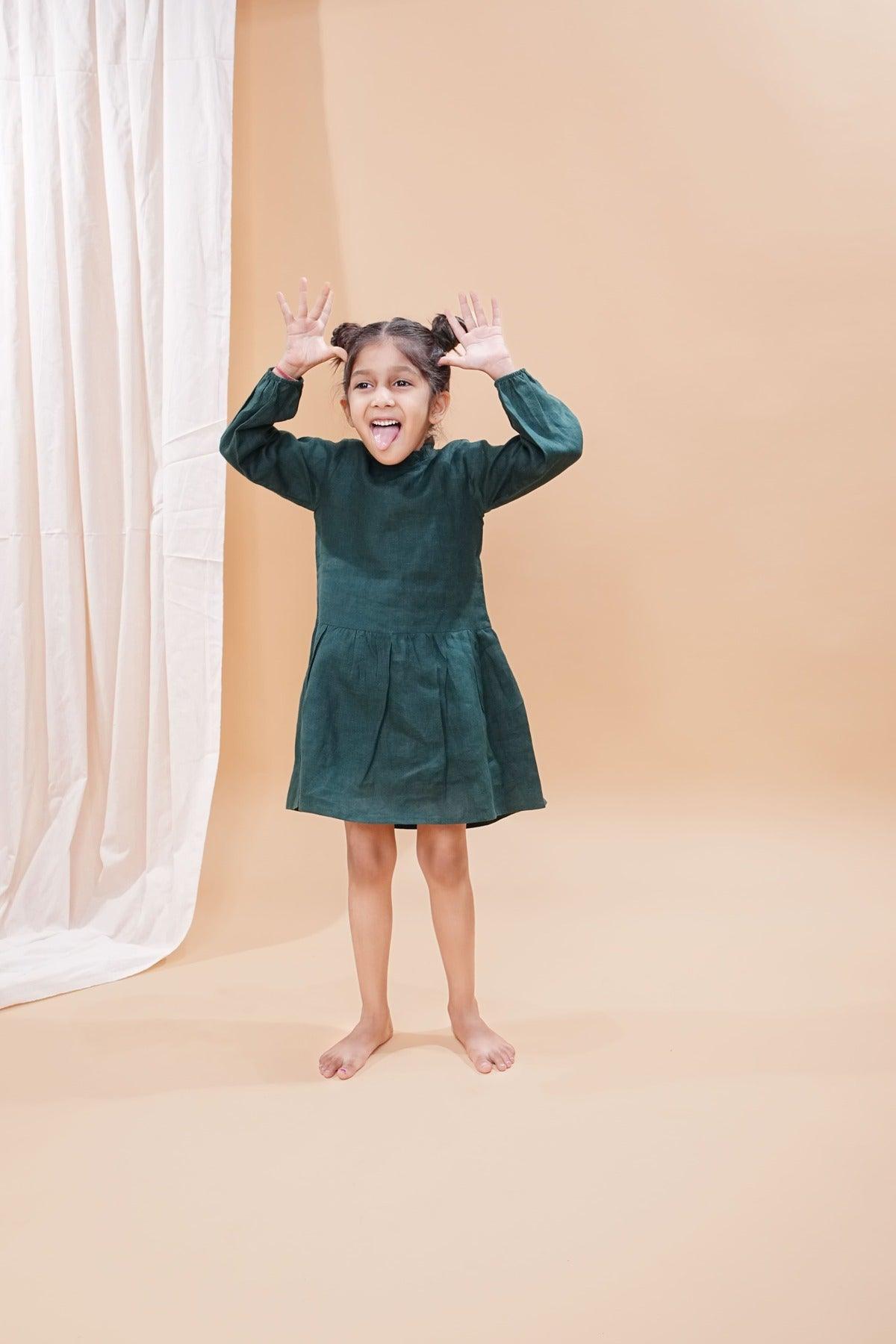 Bottle Green Pure Linen Full Sleeves Dress - Funny Bones Clothings