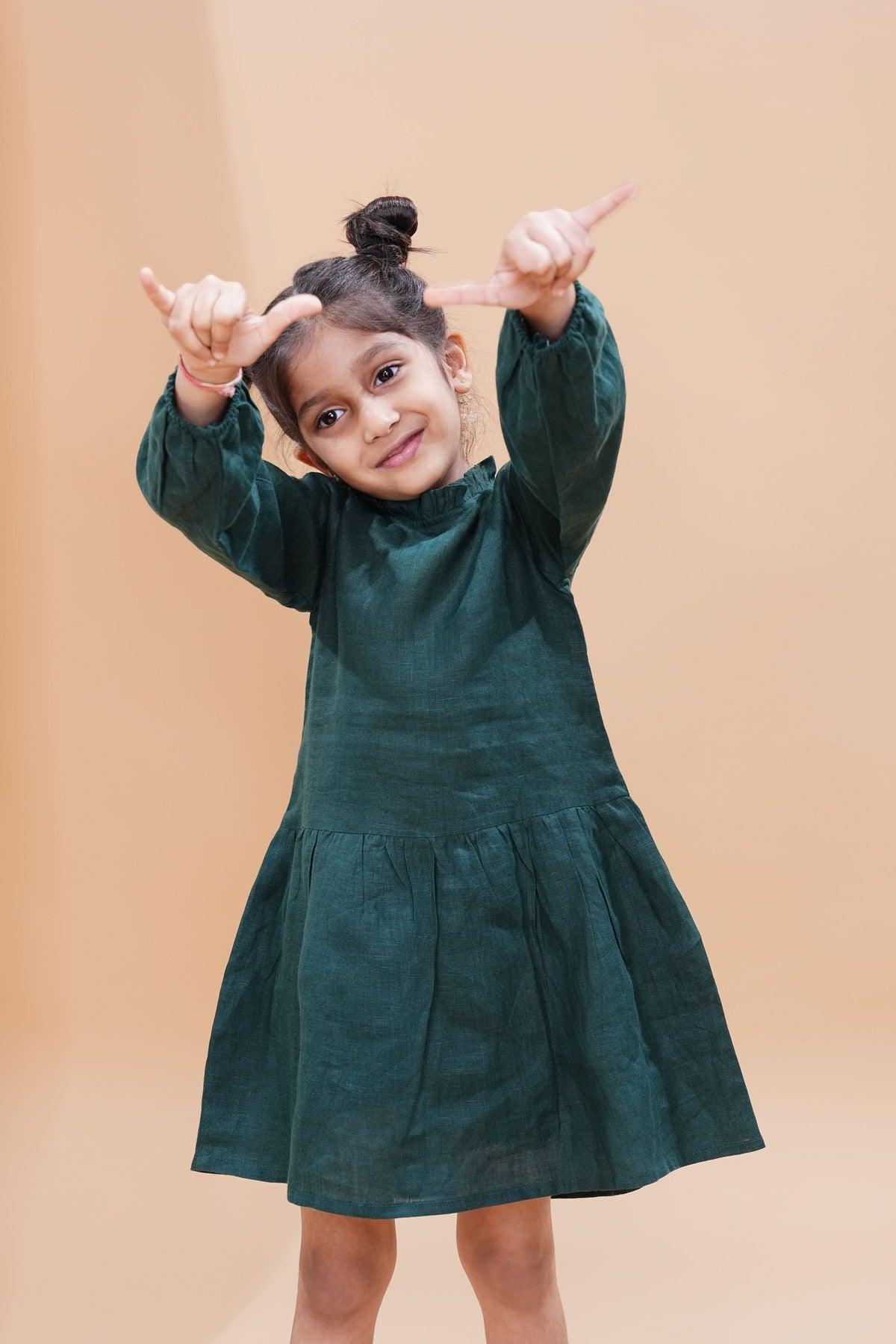 Bottle Green Pure Linen Full Sleeves Dress - Funny Bones Clothings