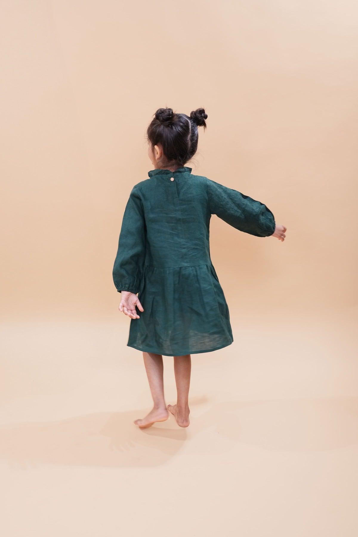 Bottle Green Pure Linen Full Sleeves Dress - Funny Bones Clothings