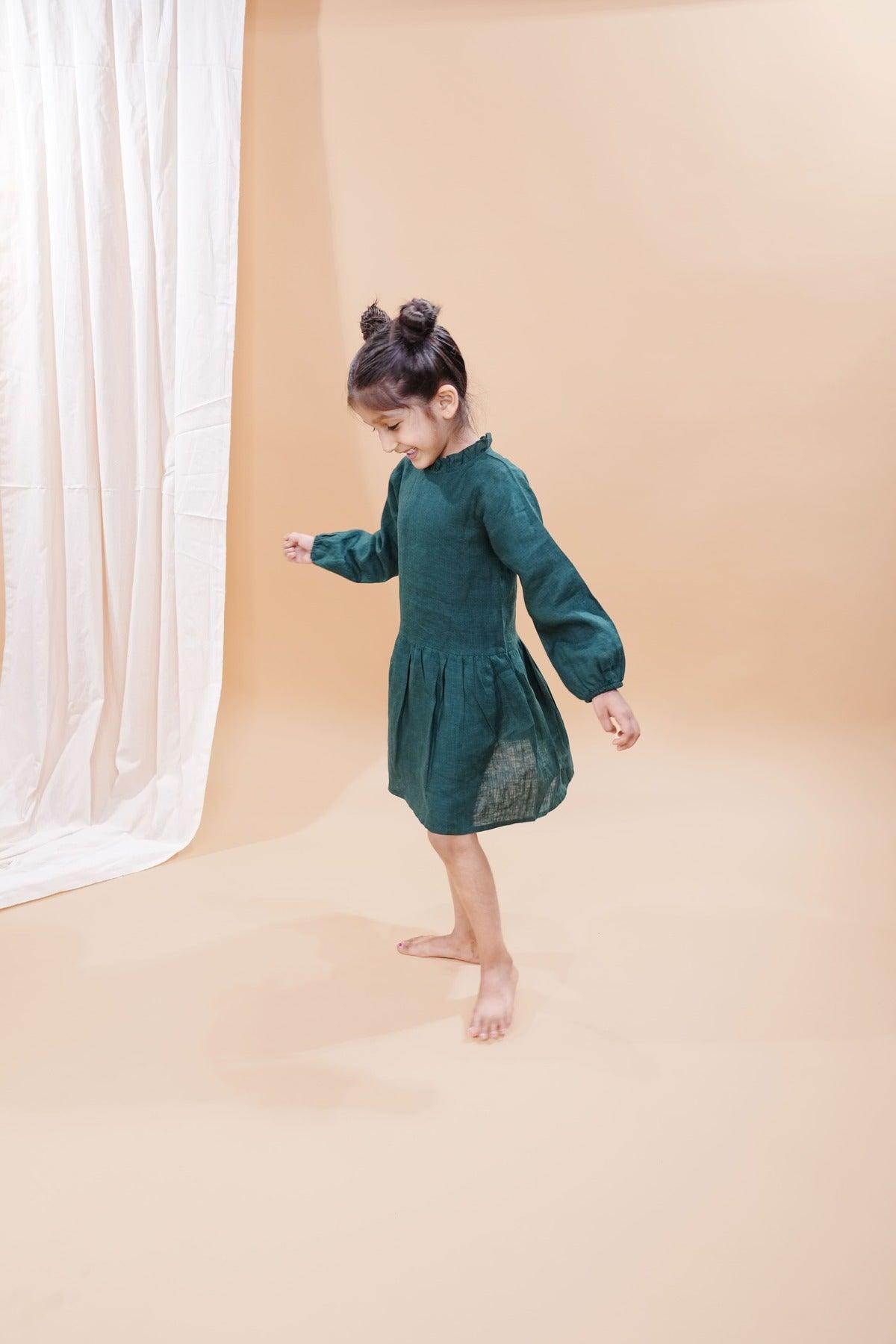 Bottle Green Pure Linen Full Sleeves Dress - Funny Bones Clothings
