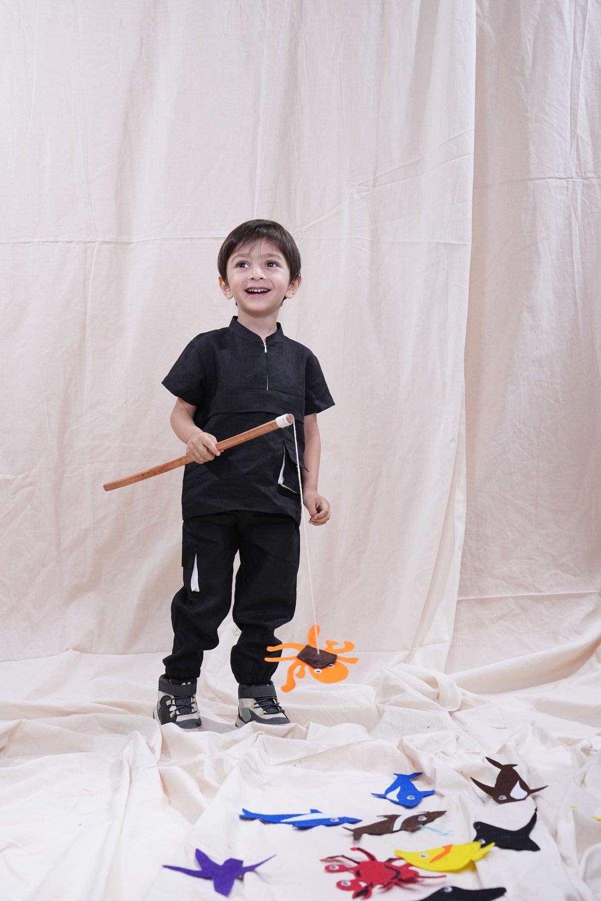 Box Pleated Black Color Pure Linen Shirt