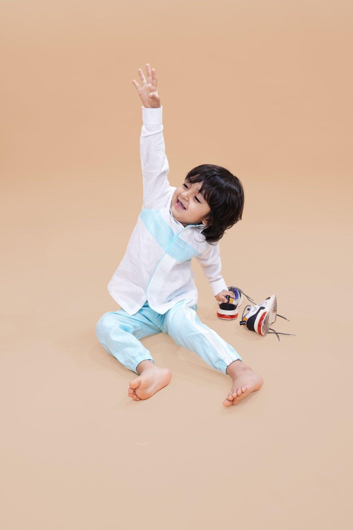 Striped Pure Linen Premium Co-ords - White - Sky Blue - Funny Bones Clothings