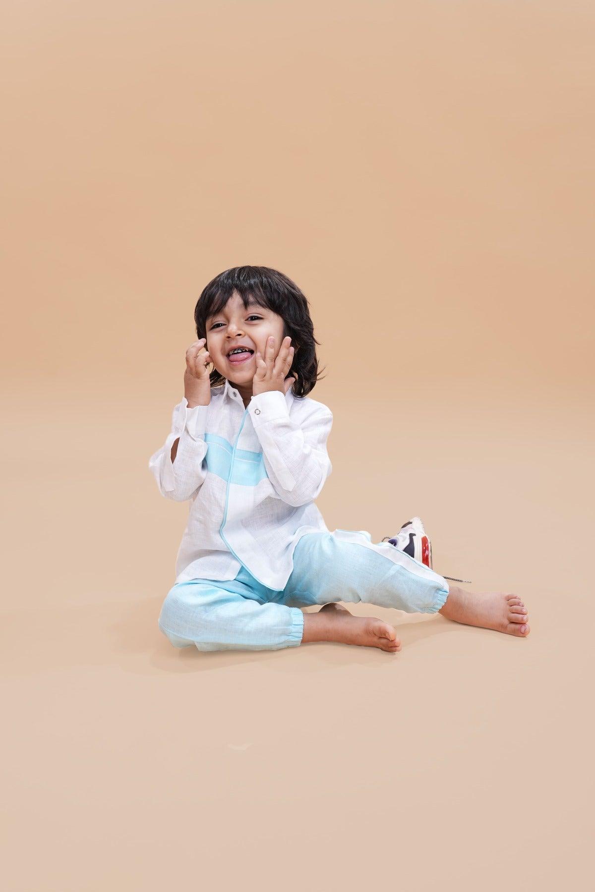 Striped Pure Linen Premium Co-ords - White - Sky Blue - Funny Bones Clothings