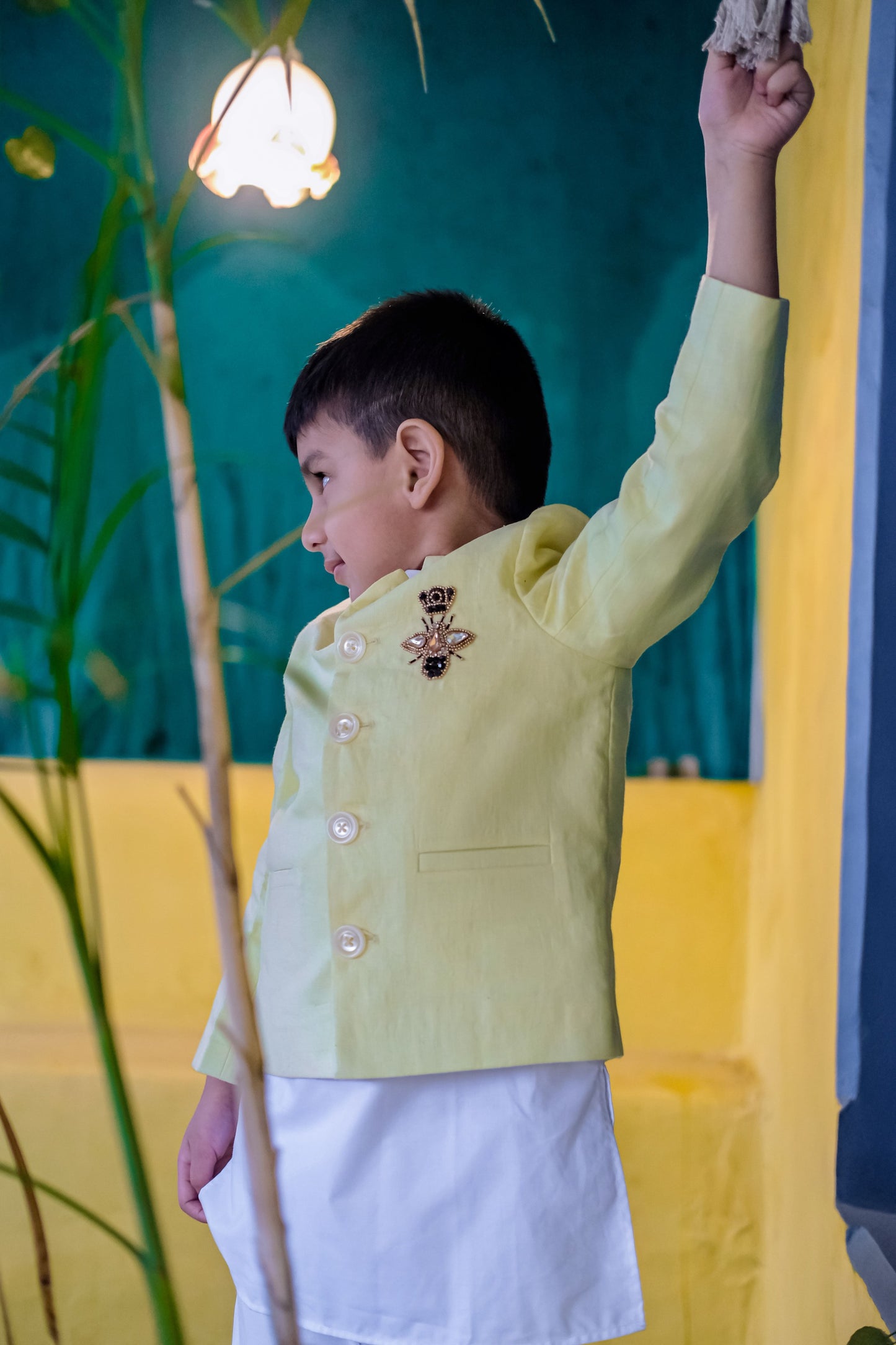 Regal Hive themed Handwork Pure Linen Bandgala Pure Cotton Kurta Pajama Set Set