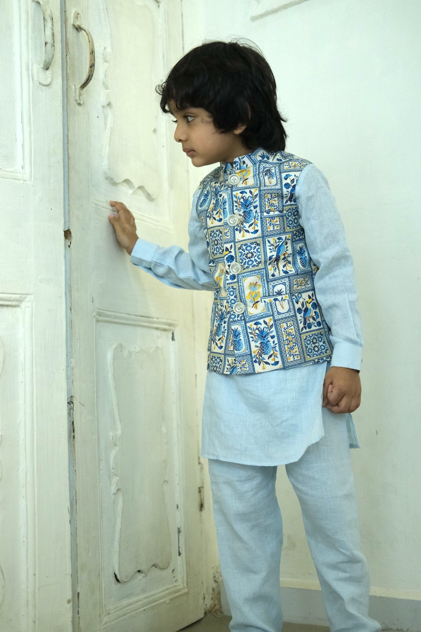 The Tropical Print Pure Satin Koti Pure Linen Kurta Pajama Set